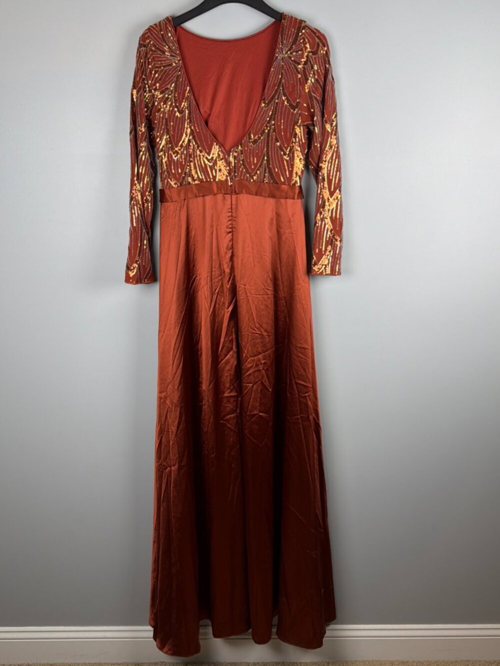 Unithorse Formal Gown Evening Dress Womens L Orange Sequin Event Satin Long - Picture 5 of 10